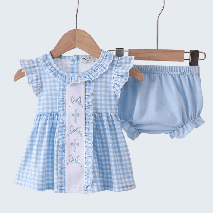 Blue Embroidered Ruffle Gingham Bloomer Set