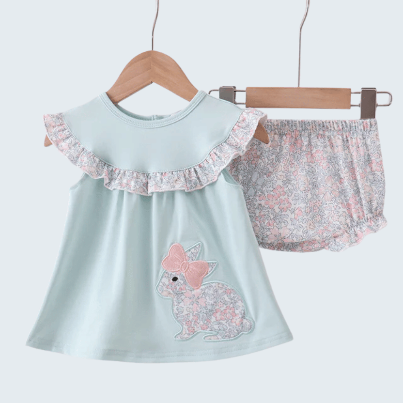 Blue Floral Bunny Applique Bloomer Set