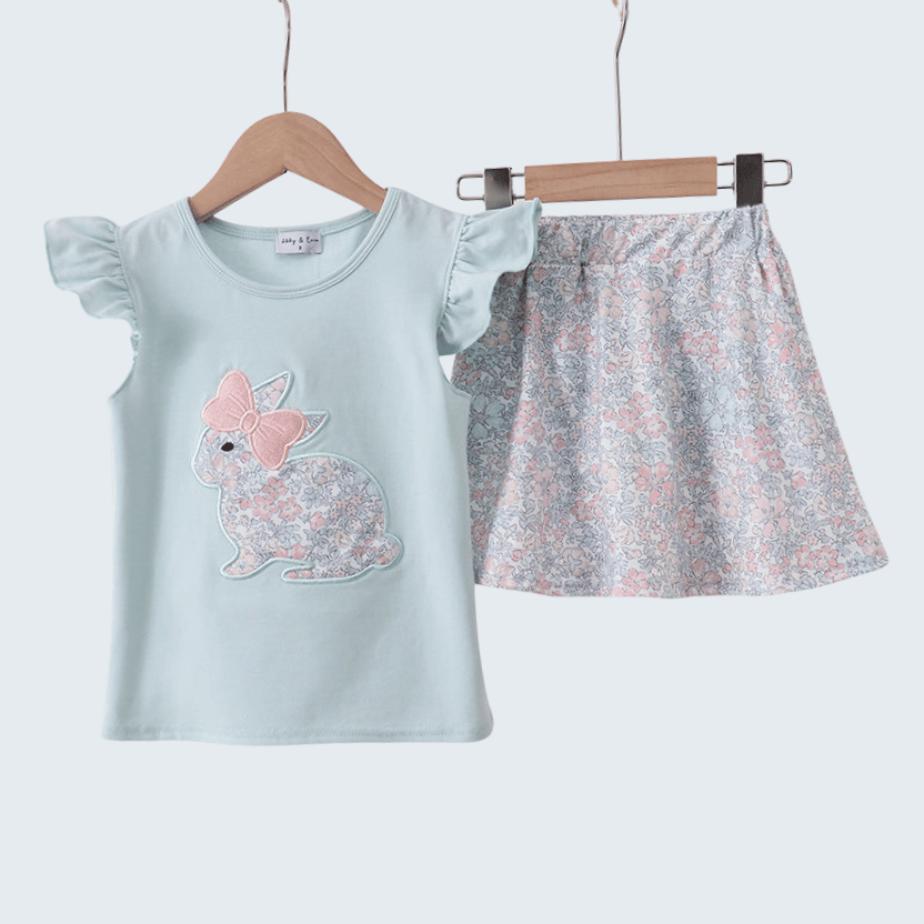 Blue Floral Bunny Applique Ruffle Skorts Set