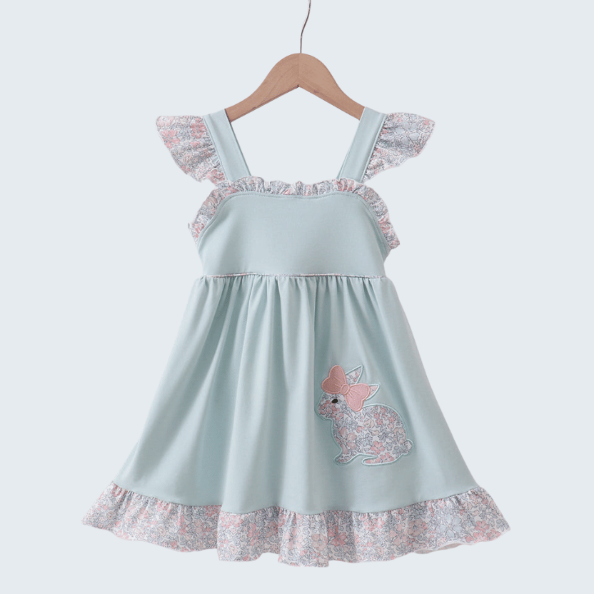 Blue Floral Bunny Applique Ruffle Dress