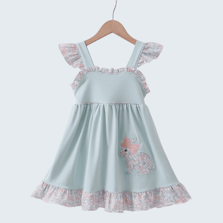 Blue Floral Bunny Applique Ruffle Dress