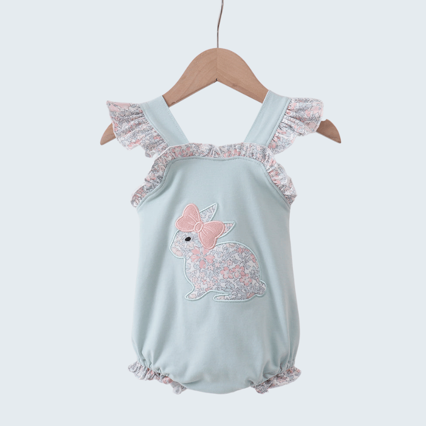 Blue Floral Bunny Applique Ruffle Bubble