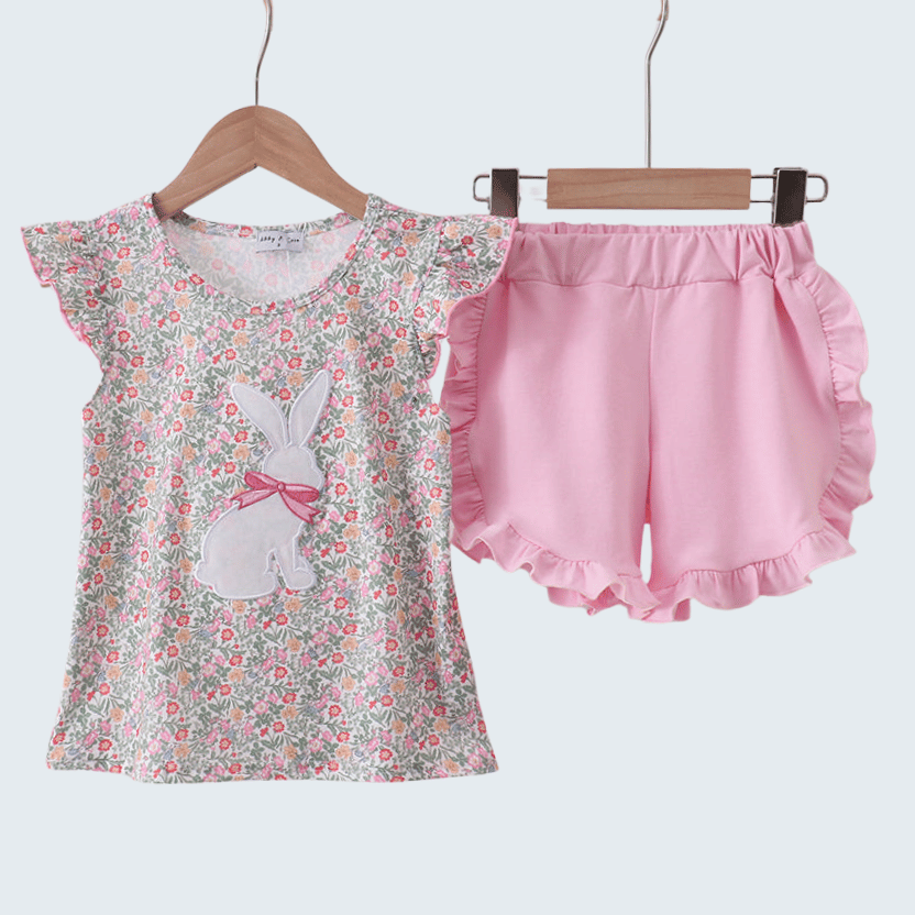 Floral Bunny Applique Ruffle Shorts Set