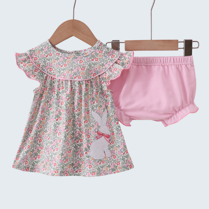 Floral Bunny Applique Ruffle Bloomer Set