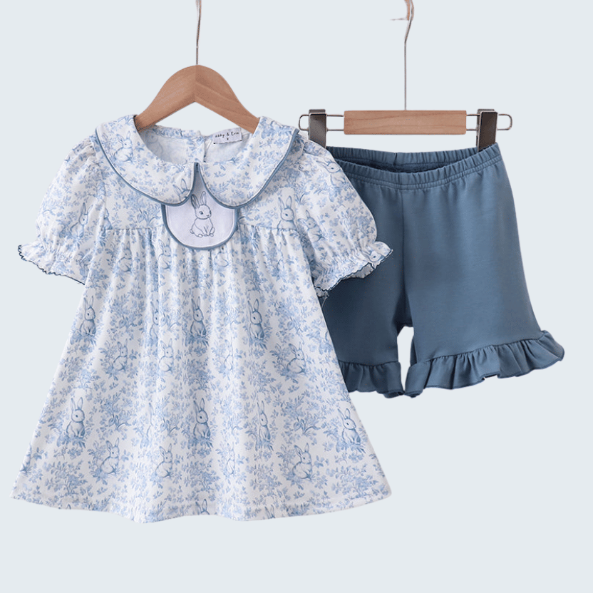 Navy Bunny Embroidered Floral Shorts Set