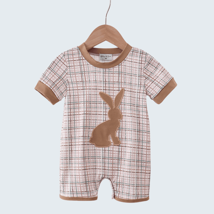 Brown Bunny Applique Plaid Romper