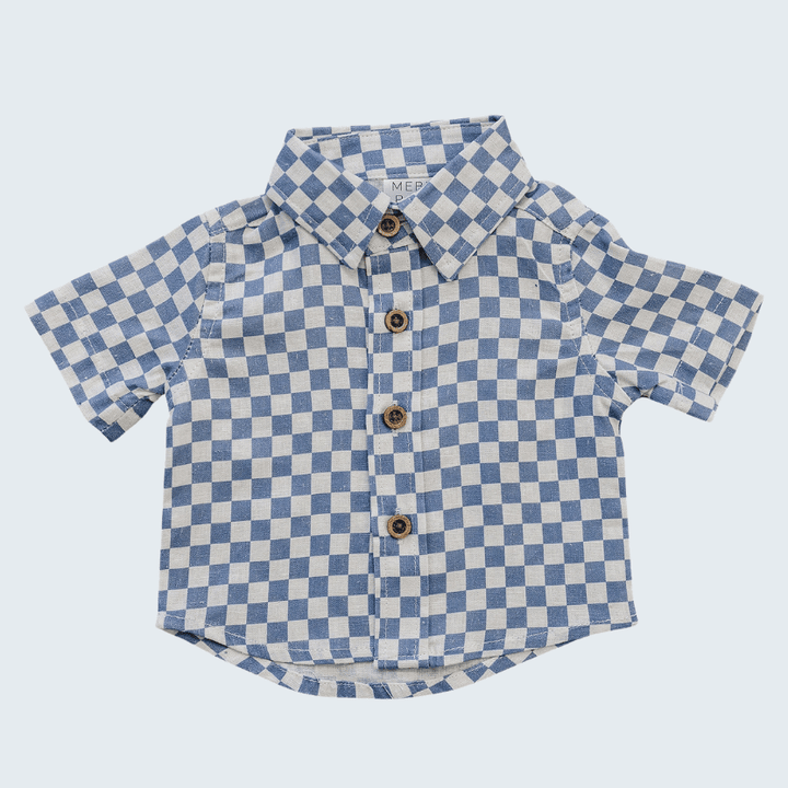 Blue Checkered Linen Button Up Shirt