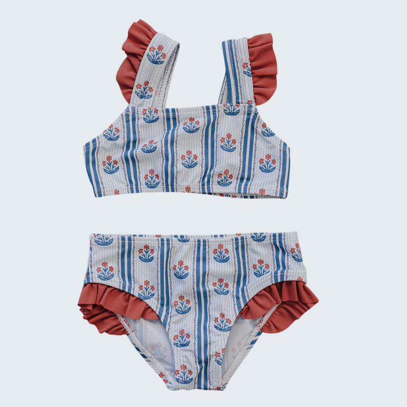 Block Print Floral Ruffle Bikini Set