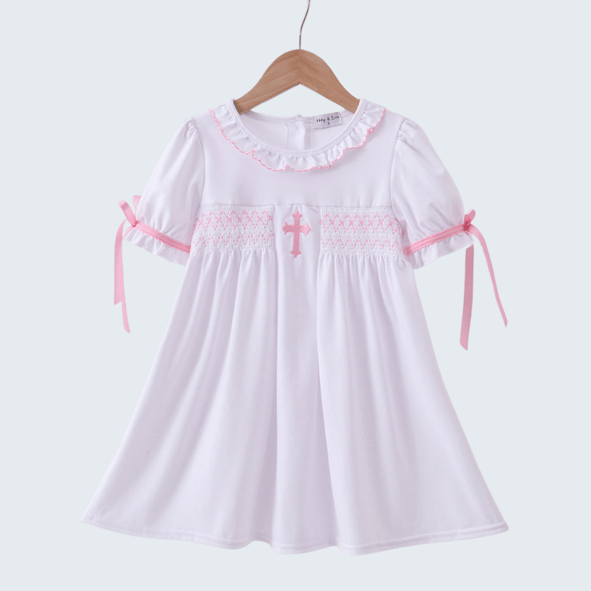 White Cross Smocked Ruffle Dress