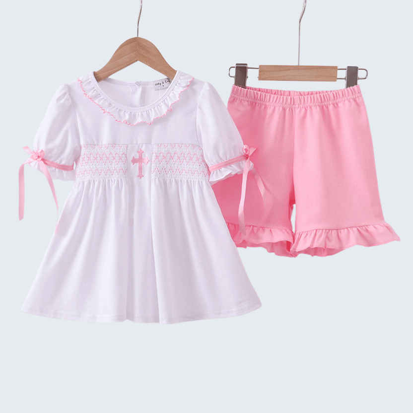 White Cross Smocked Ruffle Shorts Set