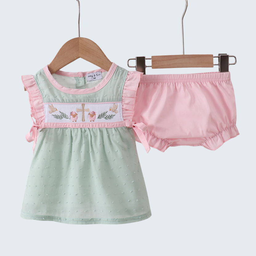Green Swiss Dot Cross Sheep Ruffle Bloomer Set