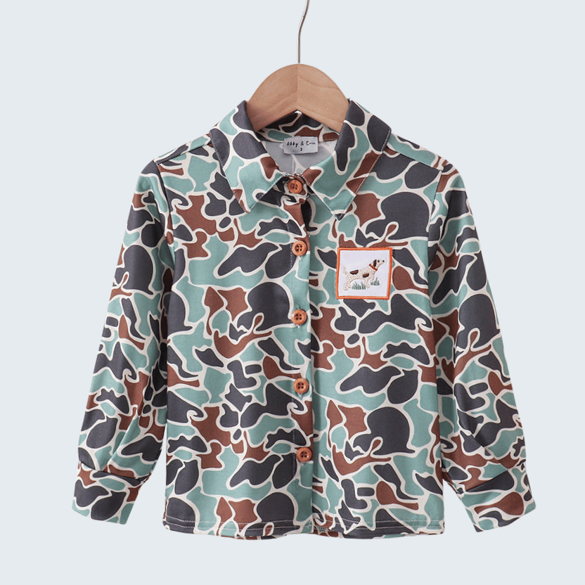 Camouflage Puppy Hunting Embroidered Button Shirt