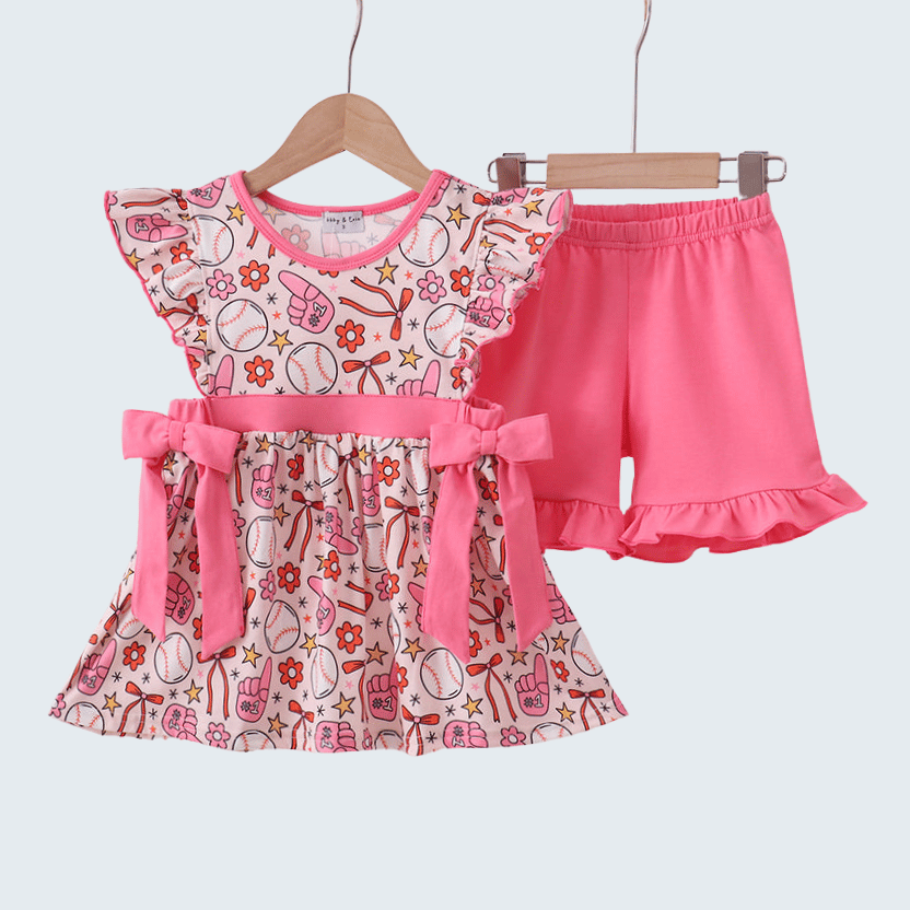 Pink Baseball Print Ruffle Shorts Set