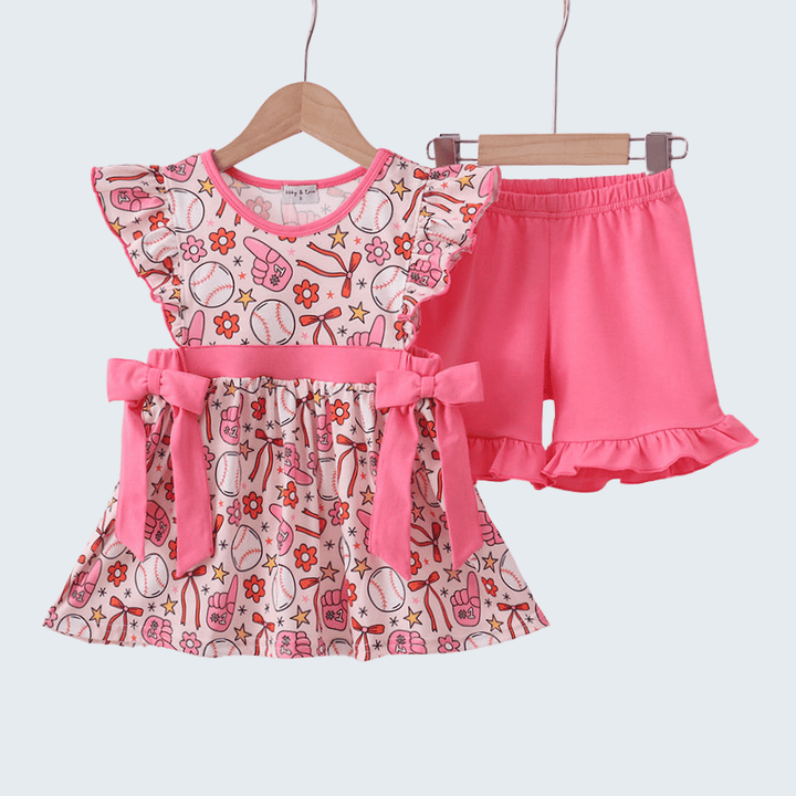 Pink Baseball Print Ruffle Shorts Set