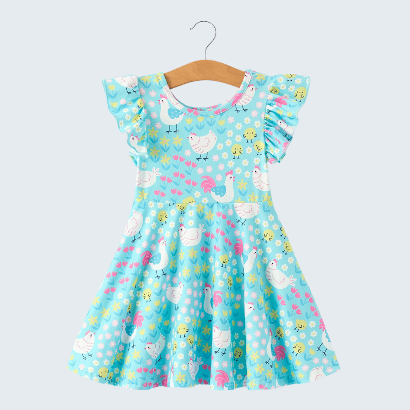 Aqua Chicken & Floral Farm Print Dress