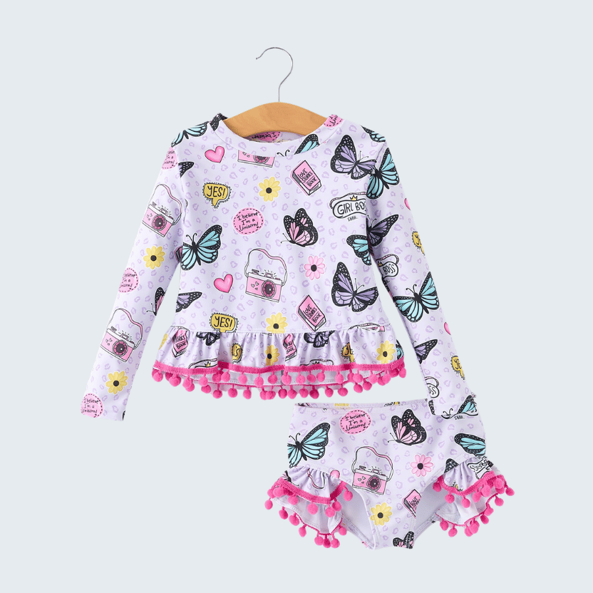 Butterfly Long Sleeve Ruffle Swimsuit Set