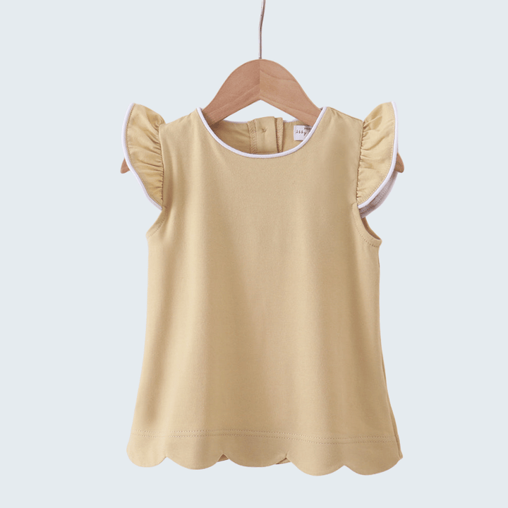 Khaki Flutter Sleeve Scalloped Top