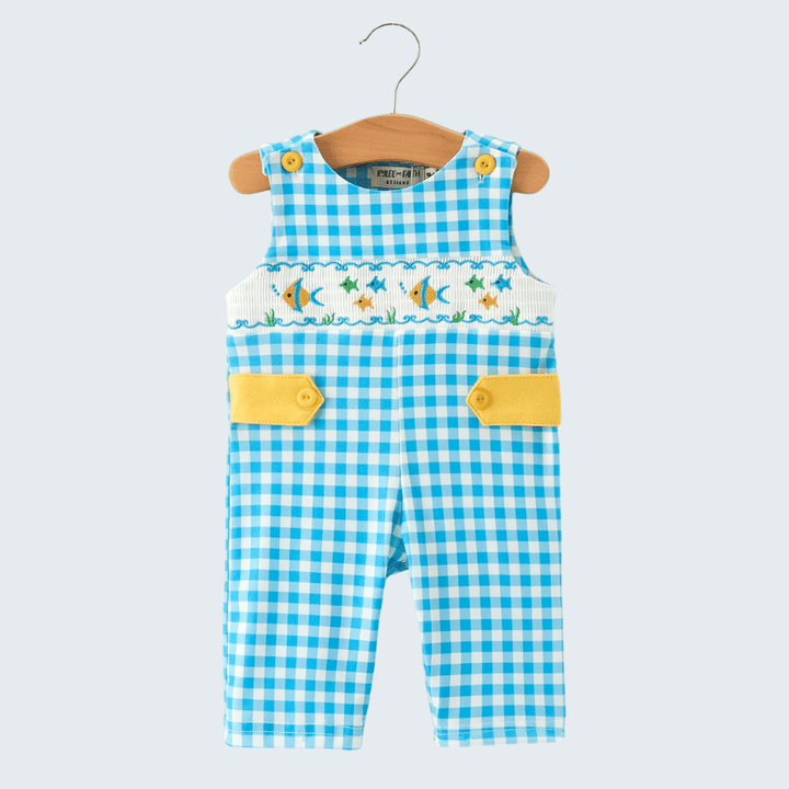Fish Embroidery Smocking Plaid Romper