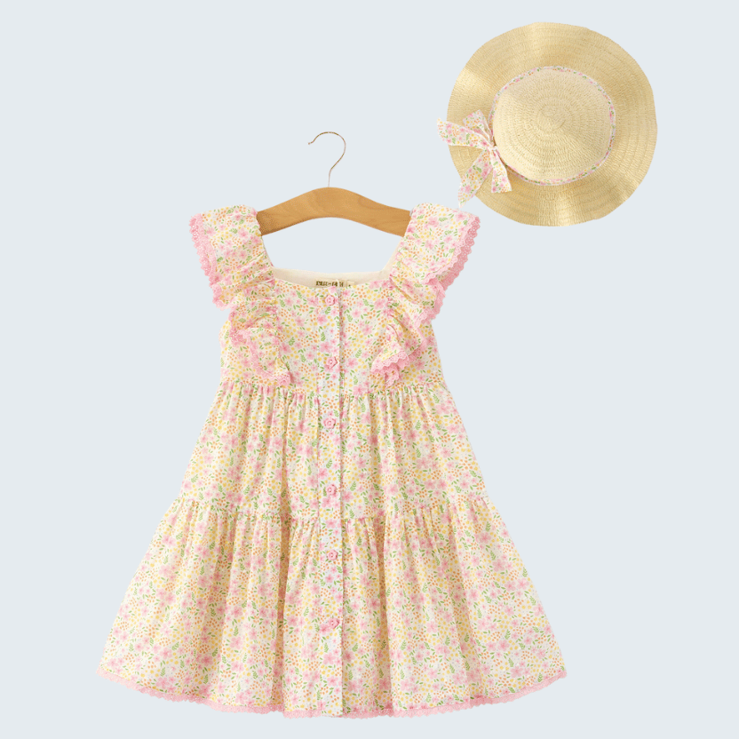 Floral Ruffle Dress With Bow Straw Hat Set