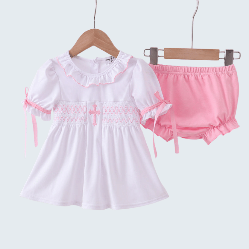 White Cross Smocked Ruffle Bloomer Set
