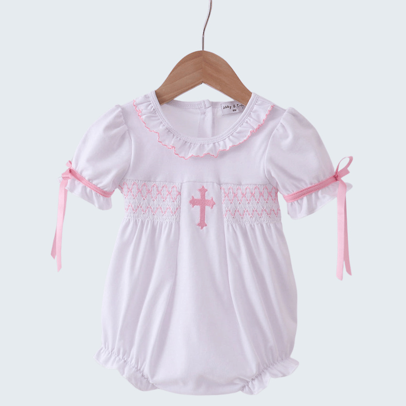 White Cross Smocked Ruffle Bubble