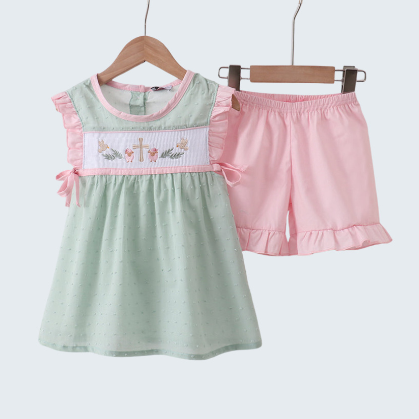 Green Swiss Dot Cross Sheep Ruffle Shorts Set