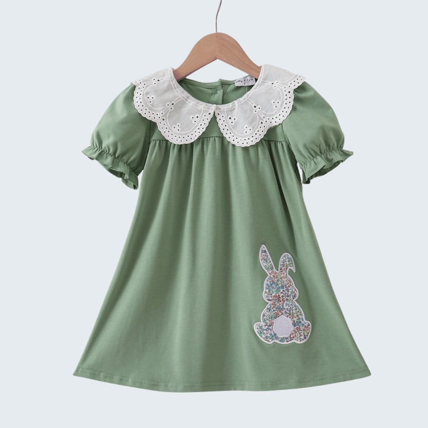 Sage Bunny Applique Lace Collar Dress