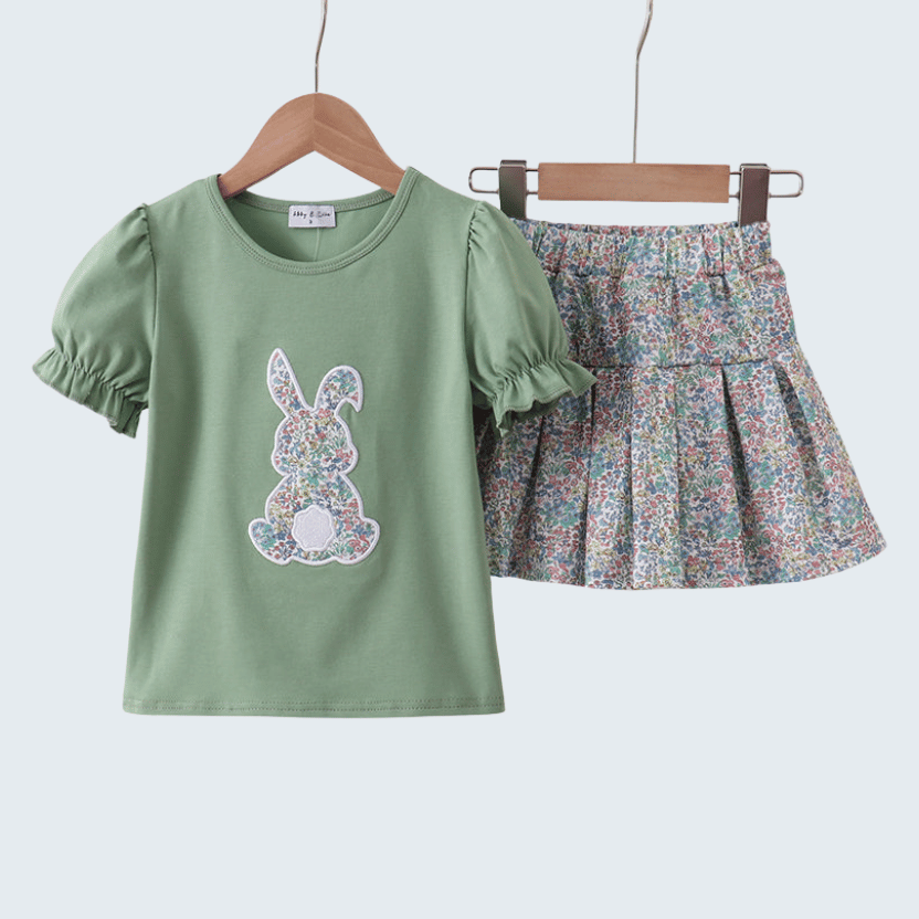 Sage Floral Bunny Applique Skorts Set
