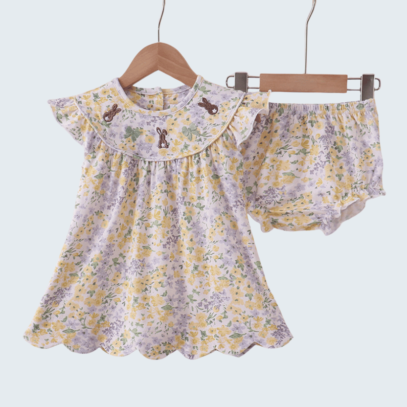 Mustard Floral Bunny Embroidered Bloomer Set