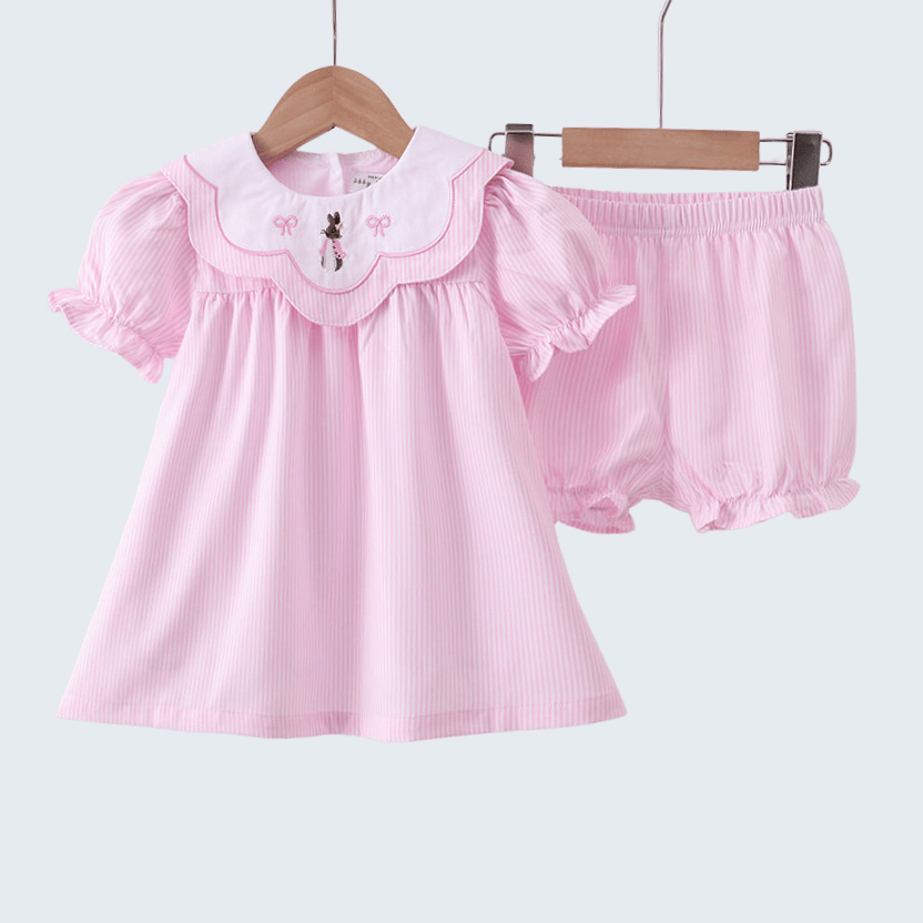 Pink Stripe Bunny Bow Embroidered Bloomer Set