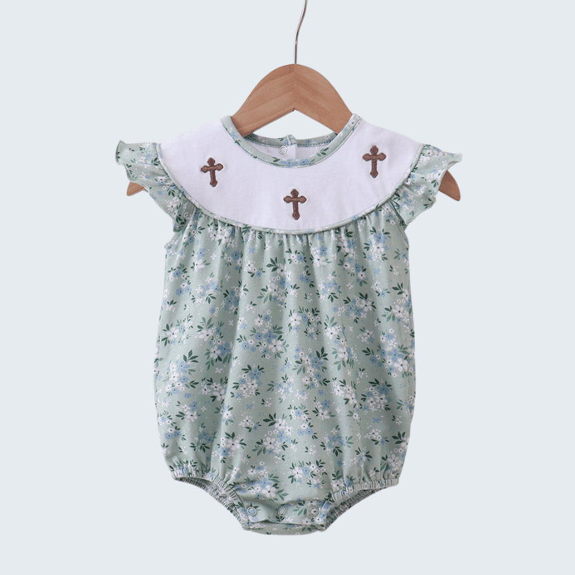 Sage Cross Embroidered Floral Ruffle Bubble