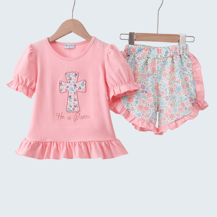 Pink Cross Applique Ruffle Shorts Set