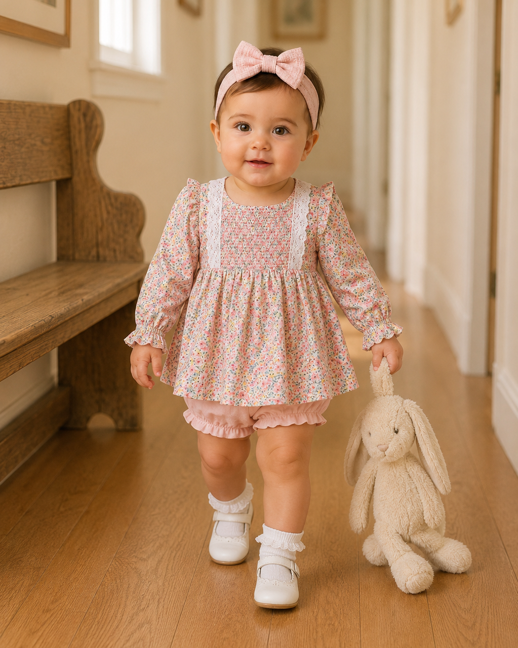 A toddler girl wearing a pink floral long-sleeve dress, matching pink ruffle shorts, a pink bow headband, and white shoes is walking down a wooden hallway while holding a beige plush bunny toy.