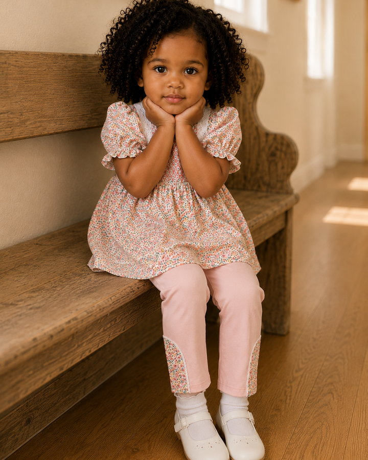 A young child with curly black hair sits on a wooden bench in a sunlit hallway, wearing a light pink floral dress with puff sleeves, light pink pants with floral trim, white socks, and white shoes.