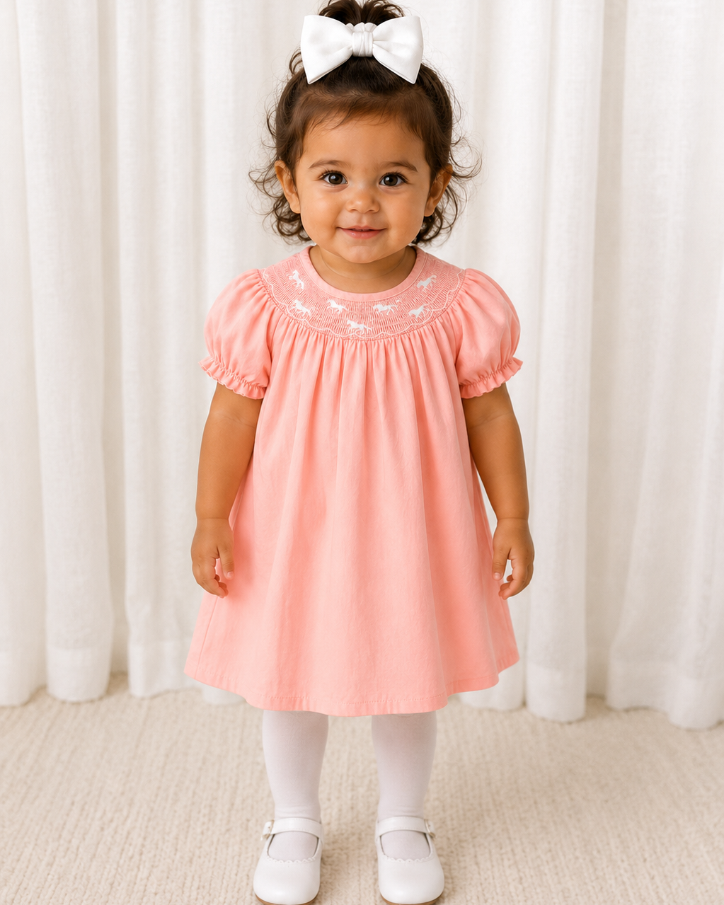 Young girl wearing a pink dress with white polka dots against a white curtain background