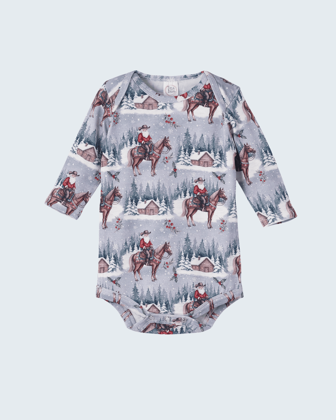 Baby bamboo bodysuit with long sleeves, snowy cowboy horse print
