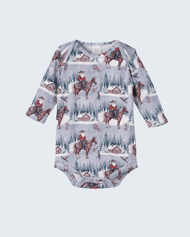 Baby bamboo bodysuit with long sleeves, snowy cowboy horse print