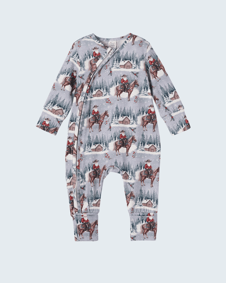 Bamboo zipper romper with long sleeves, cowboy Christmas print