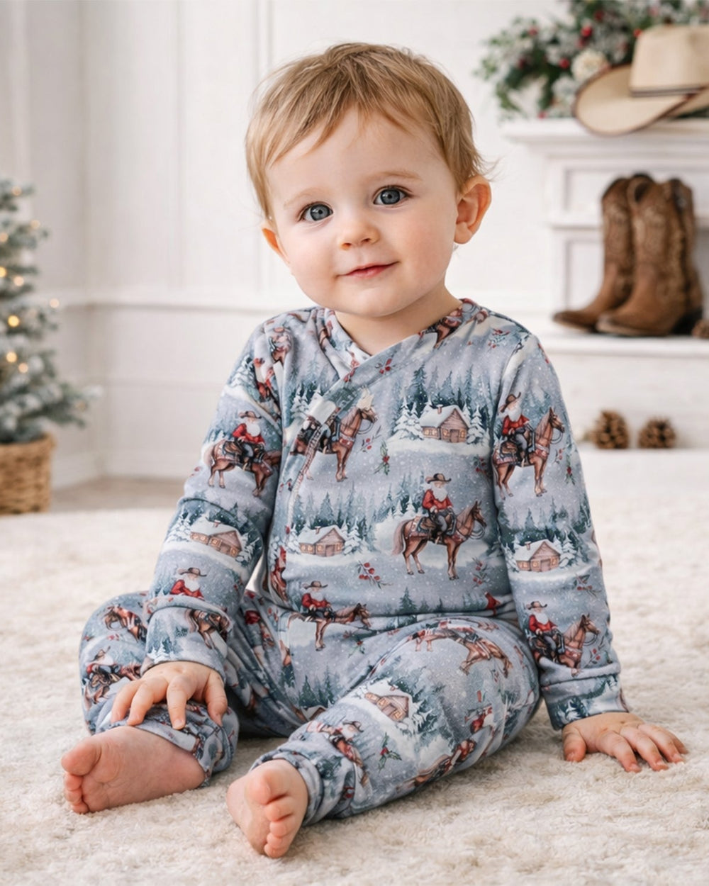 Baby bamboo zipper romper with cowboy-horse winter print, long sleeves and footed legs