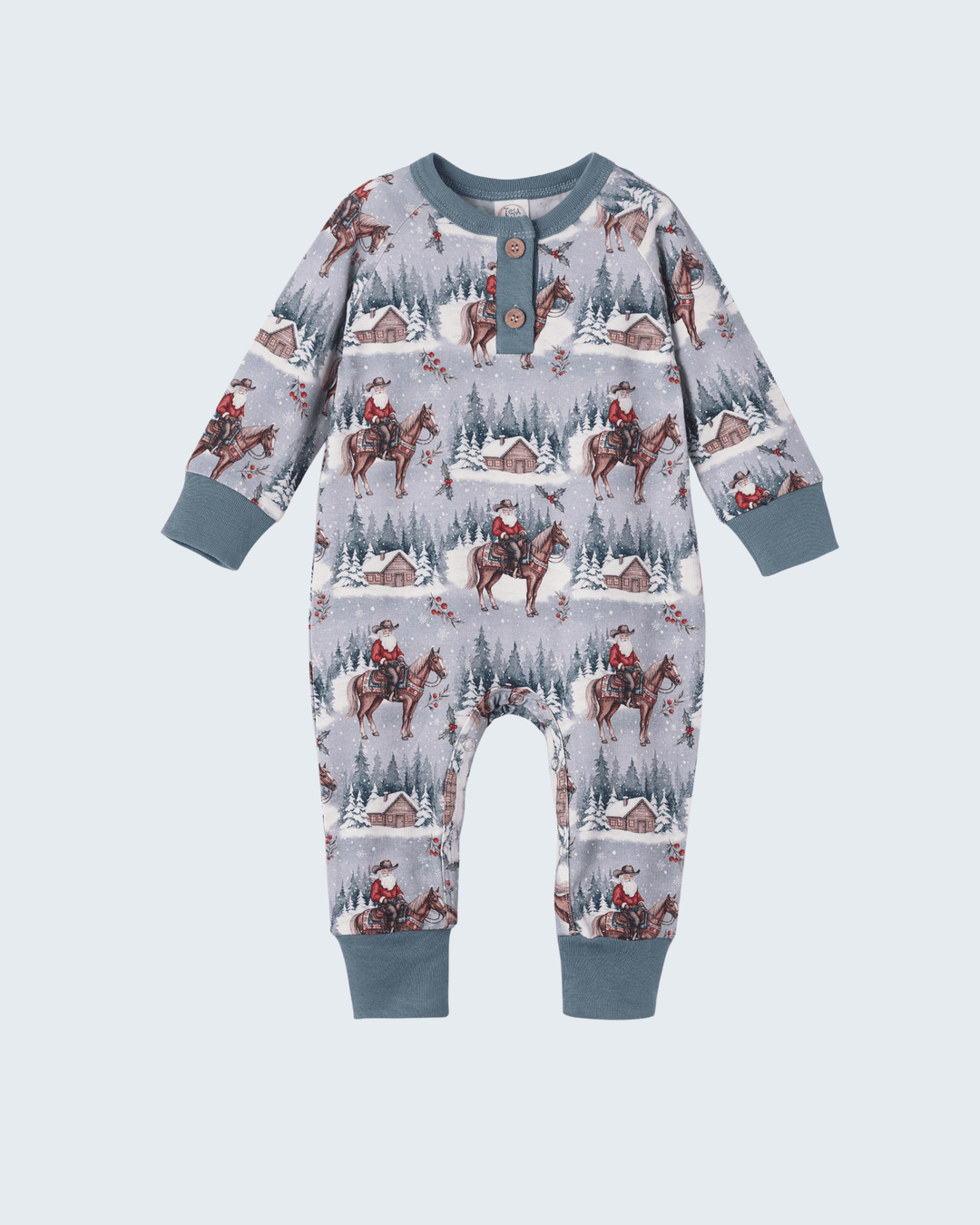 Bamboo henley romper with winter cowboy print, long sleeves, front buttons