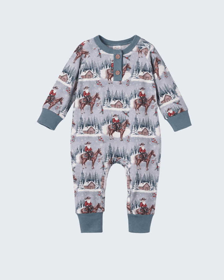 Bamboo henley romper with winter cowboy print, long sleeves, front buttons