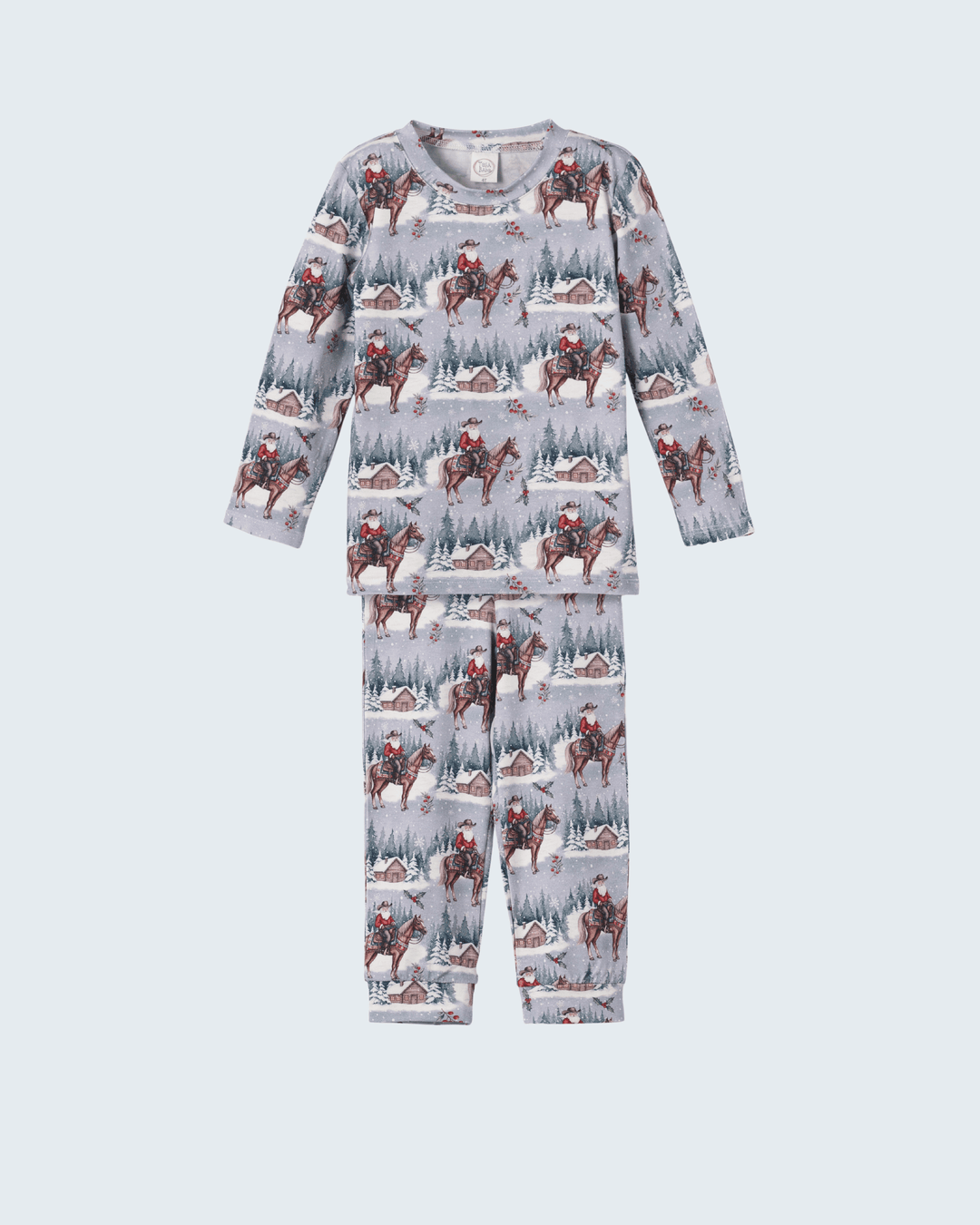 Cowboy Christmas bamboo pajama set with long-sleeve top and matching patterned pants