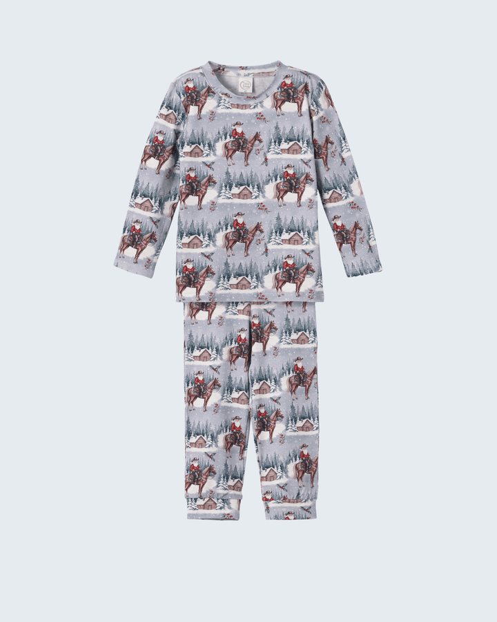 Cowboy Christmas bamboo pajama set with long-sleeve top and matching patterned pants