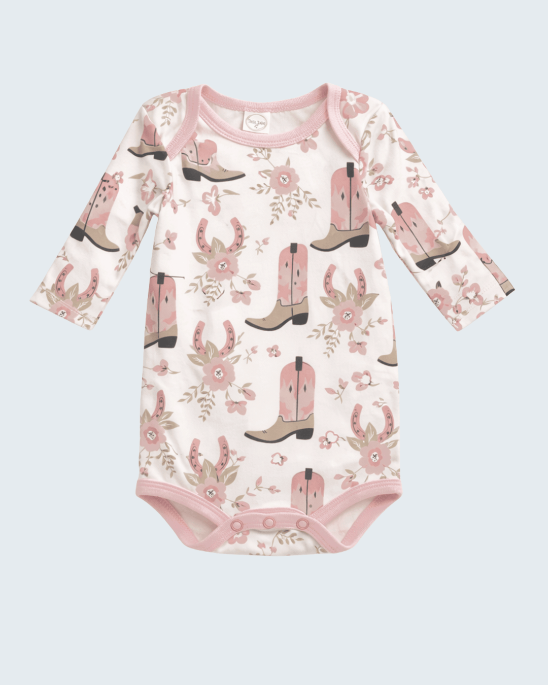 Baby onesie with cowboy boot and floral pattern on a light blue background