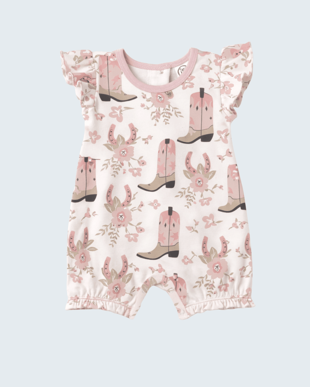 Baby romper with pink cowboy boot and floral pattern on a light blue background