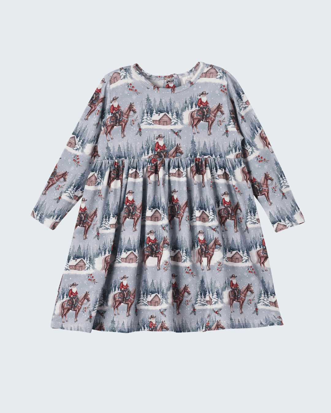 Bamboo long-sleeve Christmas dress with western cowgirl horse allover print