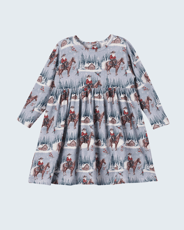 Bamboo long-sleeve Christmas dress with western cowgirl horse allover print