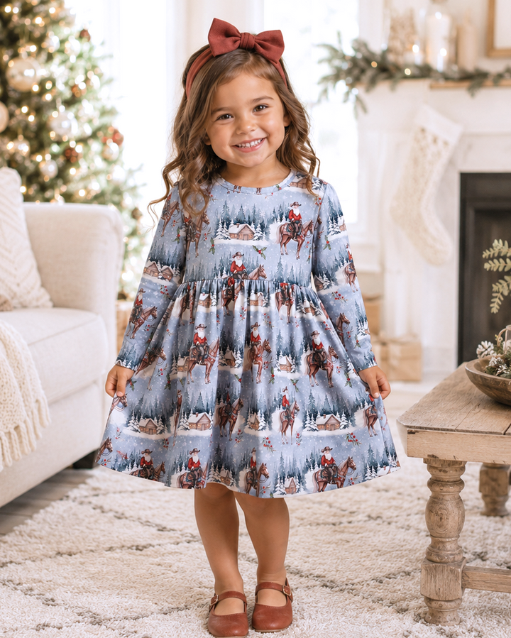 Girls blue holiday dress with long sleeves, gathered skirt, cowgirl horse print