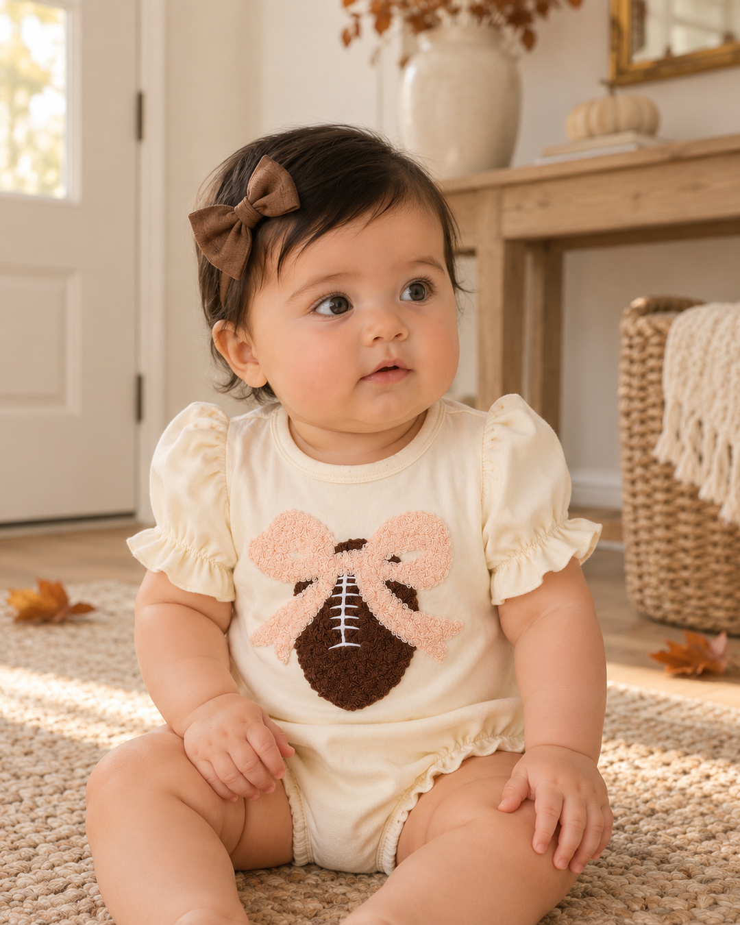 Cream baby romper with football applique, short puff sleeves, snap bottom