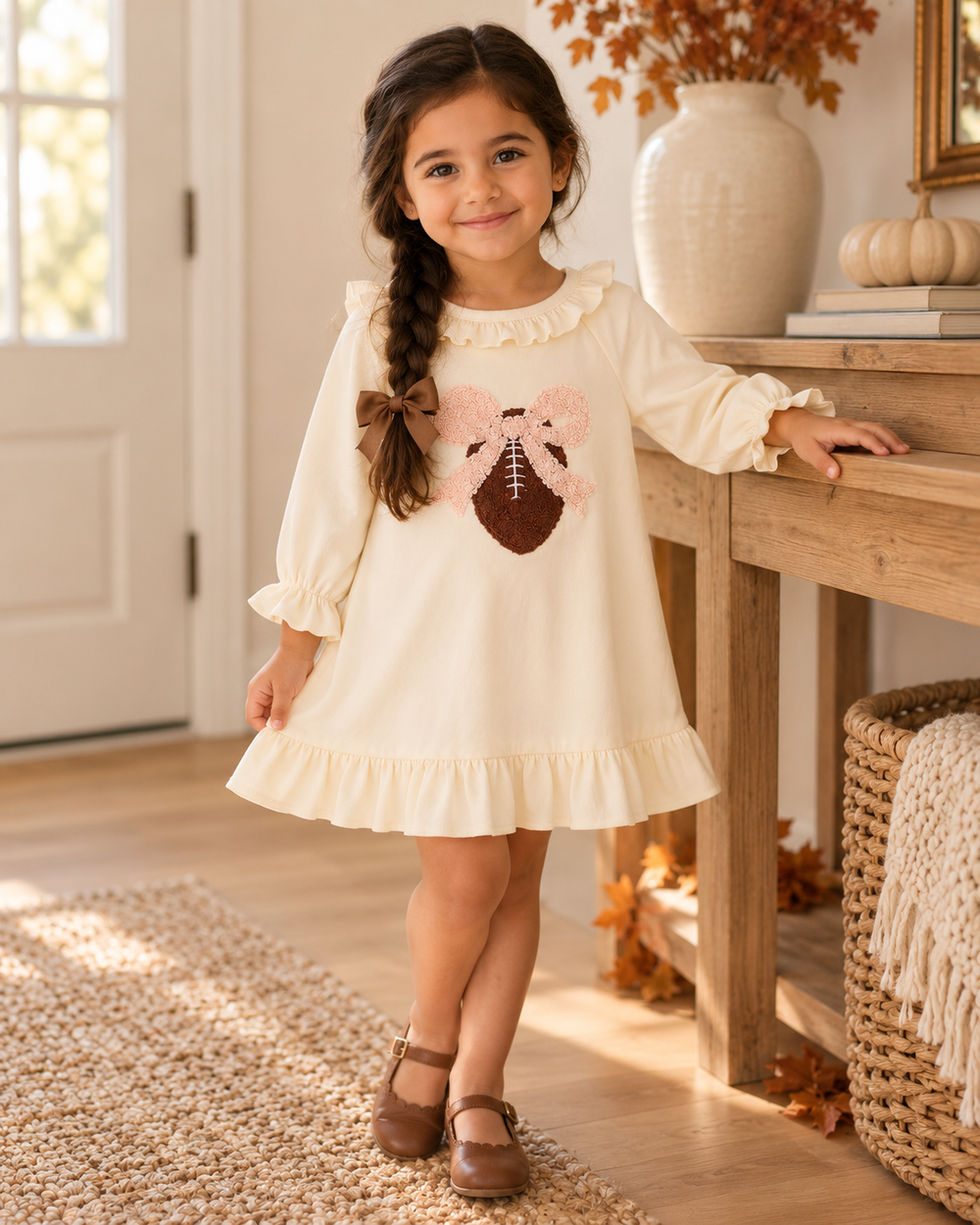 Cream long-sleeve ruffle dress with fuzzy football applique and pink bow, worn